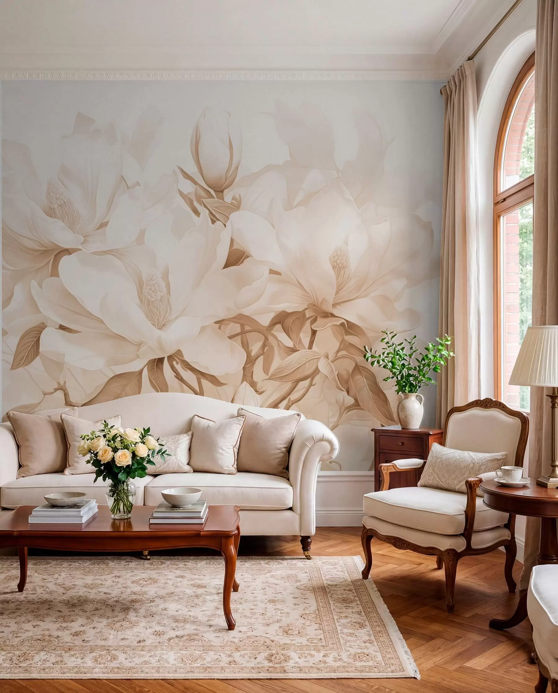 Papier peint Fleurs de magnolia aux pétales blancs et beiges, feuilles et branches brunes, style aquarelle douce et délicate w08886