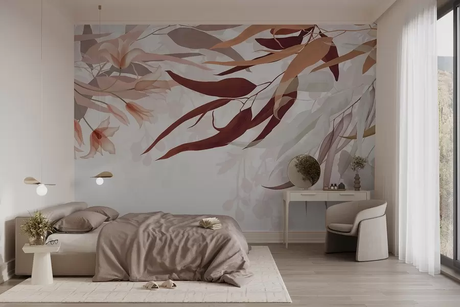 Papier peint Feuilles d'eucalyptus dans les tons bordeaux, beige et blanc avec des fleurs et des branches délicates sur un fond blanc w08887