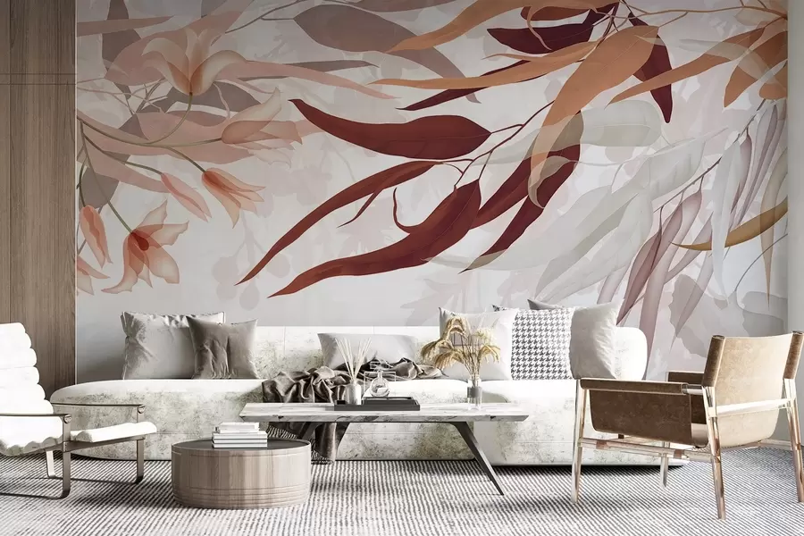 Papier peint Feuilles d'eucalyptus dans les tons bordeaux, beige et blanc avec des fleurs et des branches délicates sur un fond blanc w08887