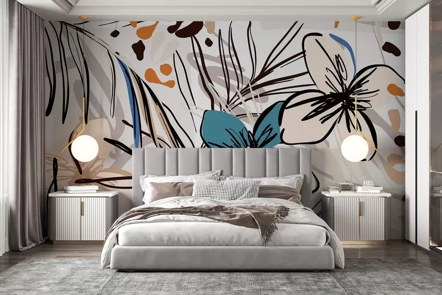 Papier peint Impression abstraite moderne avec des feuilles de palmier tropicales, des fleurs bleues et beiges, des lignes noires, un fond clair w08889