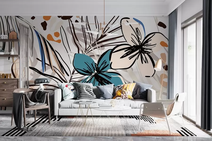 Papier peint Impression abstraite moderne avec des feuilles de palmier tropicales, des fleurs bleues et beiges, des lignes noires, un fond clair w08889