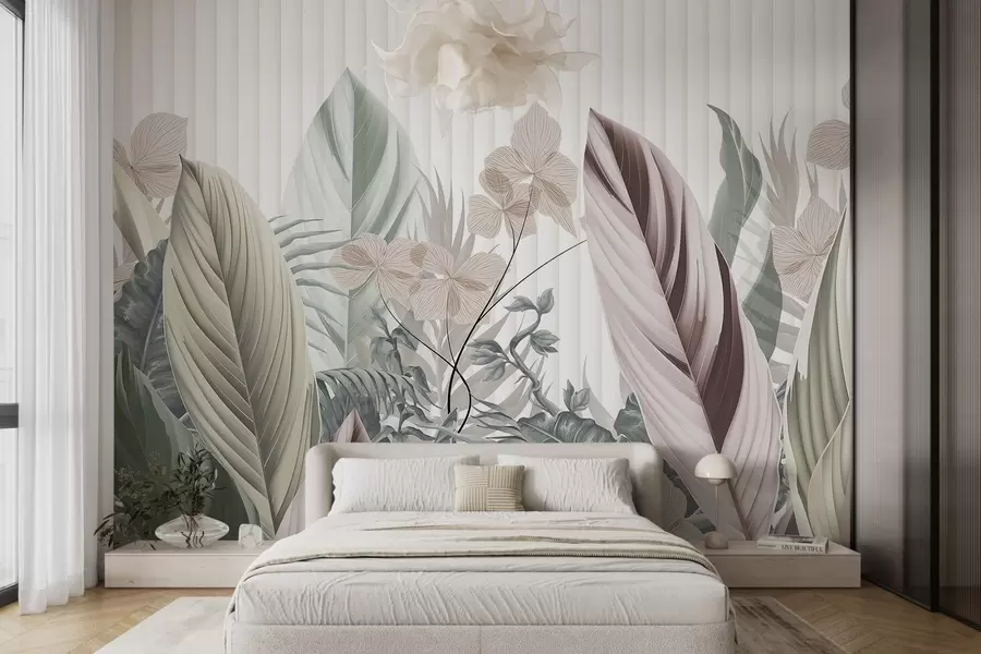 Papier peint Feuilles tropicales aux couleurs pastel, vert clair, rose clair et marron clair, lignes verticales en arrière-plan w08892