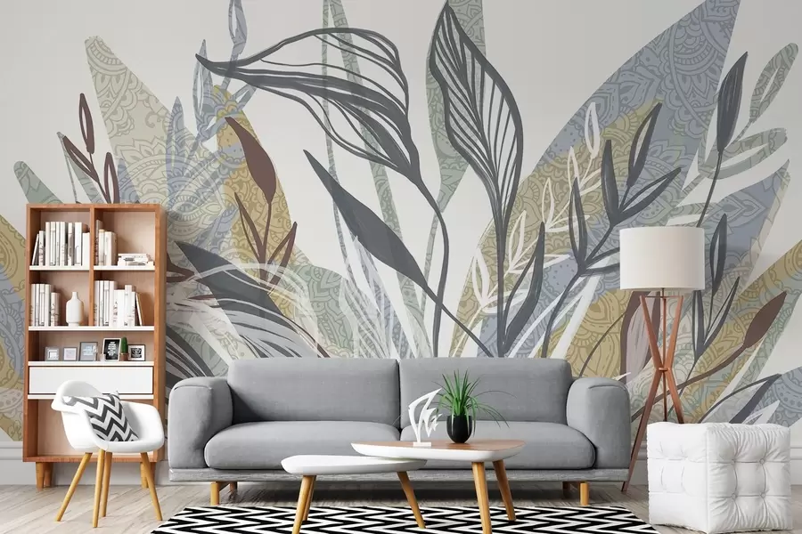 Papier peint Une collection de feuilles de différentes couleurs et tailles, dont certaines sont dessinées au trait, sur un fond blanc w08893