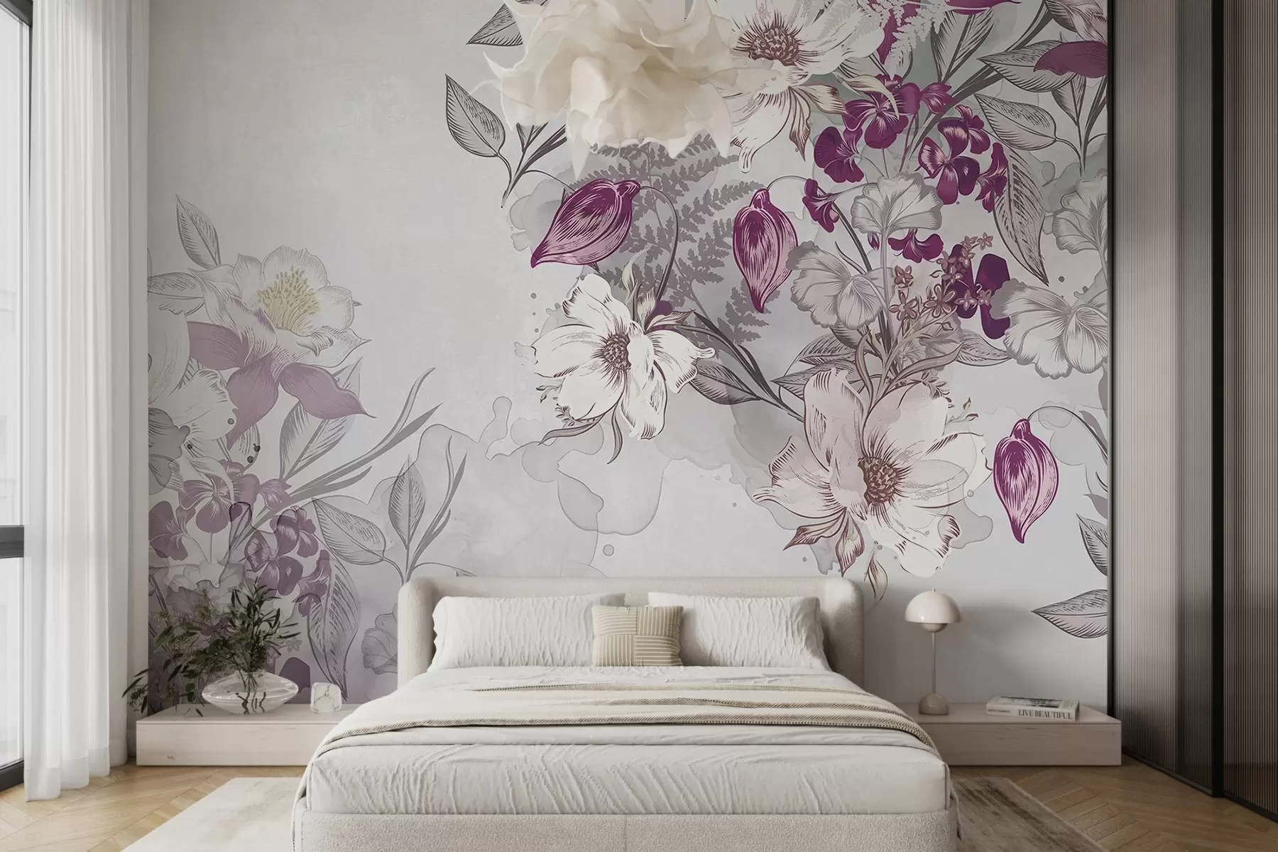 Papier peint Fleurs avec pétales, feuilles et tiges blanches et violettes, effet aquarelle, fond texturé gris clair  w08899