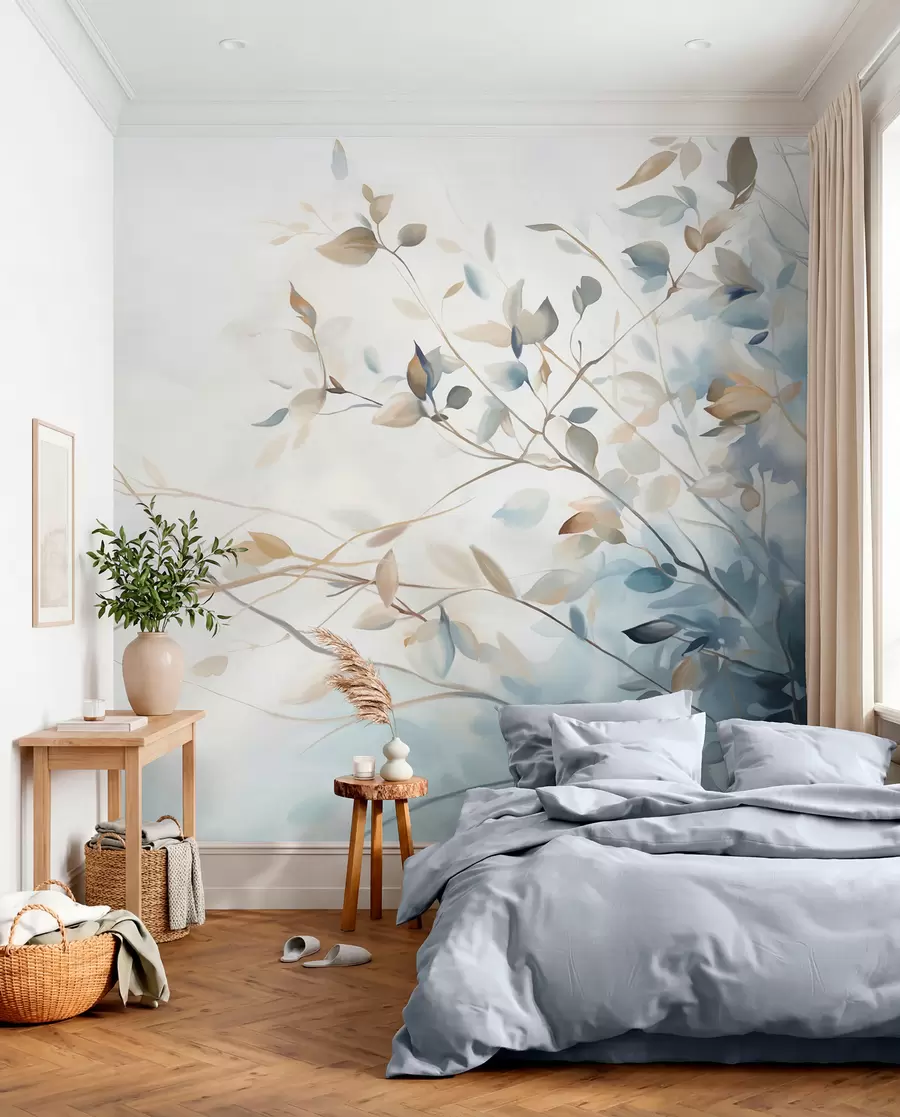 Papier peint Branches avec feuilles dans les tons bleus et bruns, fond clair, doux et délicat, style aquarelle  w08900