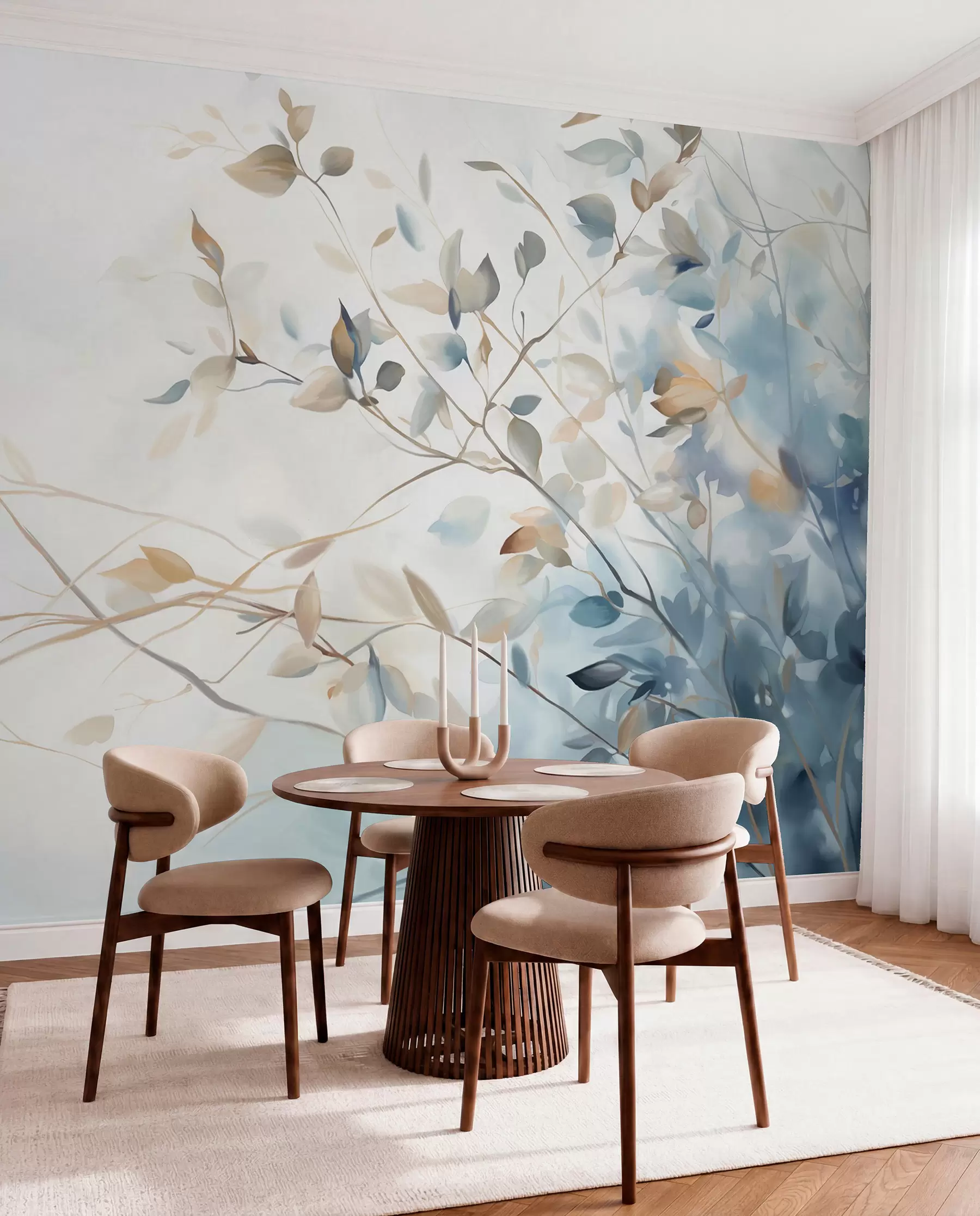 Papier peint Branches avec feuilles dans les tons bleus et bruns, fond clair, doux et délicat, style aquarelle  w08900