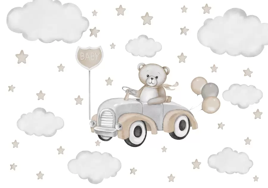 Papier peint Adorable illustration d'un ours en peluche conduisant une voiture de collection parmi les nuages et les étoiles w03382