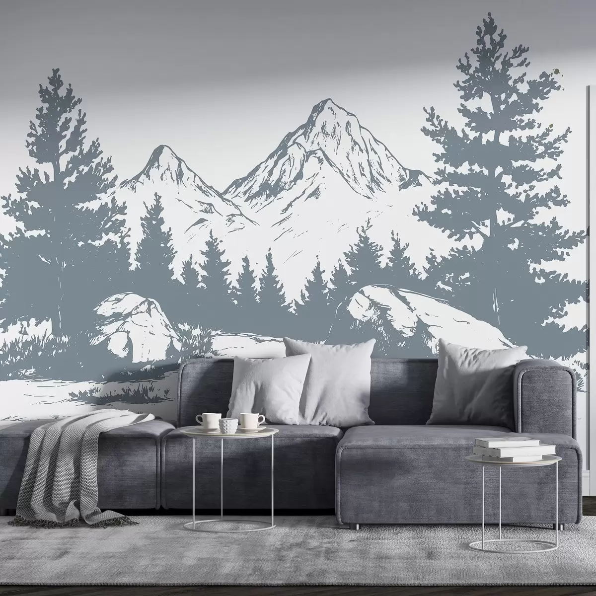 Papier peint Les Alpes, montagnes avec forêt, dessin au trait, couleur grise w03342v2