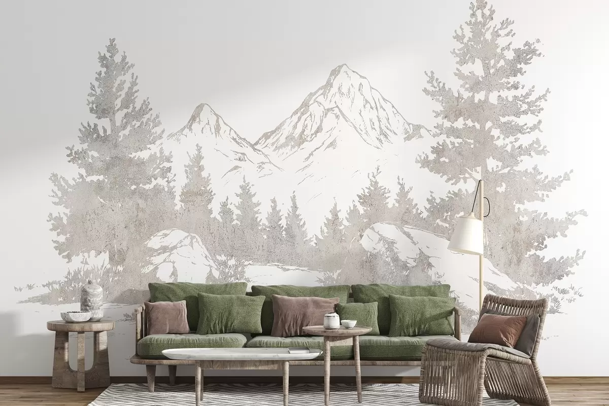 Papier peint Les Alpes, montagnes avec forêt, dessin au trait, couleurs naturelles w03343