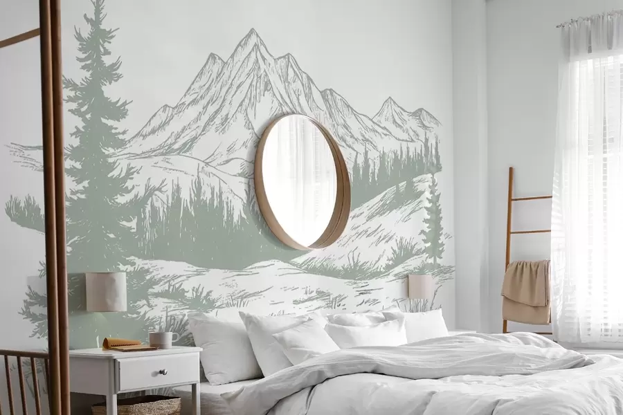 Papier peint Paysage de montagnes avec pins, forêt, nature, couleur vert tendre w03344v1