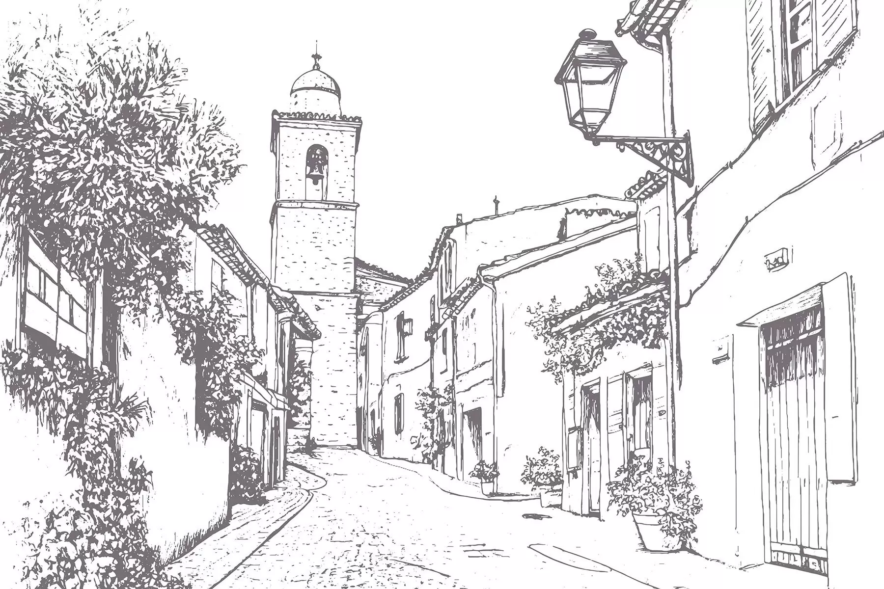 Papier peint Rue de la ville, belle architecture, bâtiments, Méditerranée, dessin au trait, couleur beige w03345v1