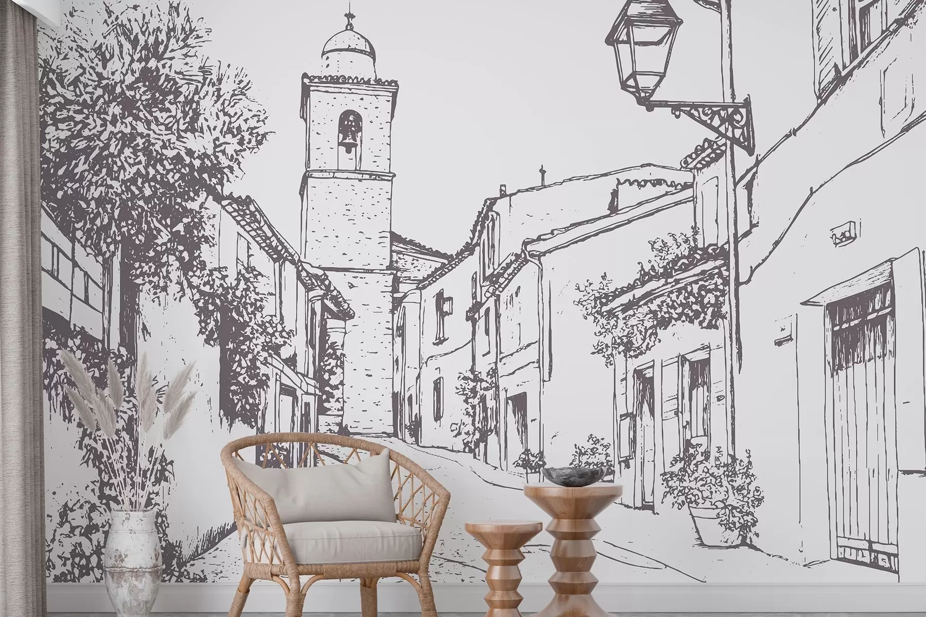 Papier peint Rue de la ville, belle architecture, bâtiments, Méditerranée, dessin au trait, couleur beige w03345v1
