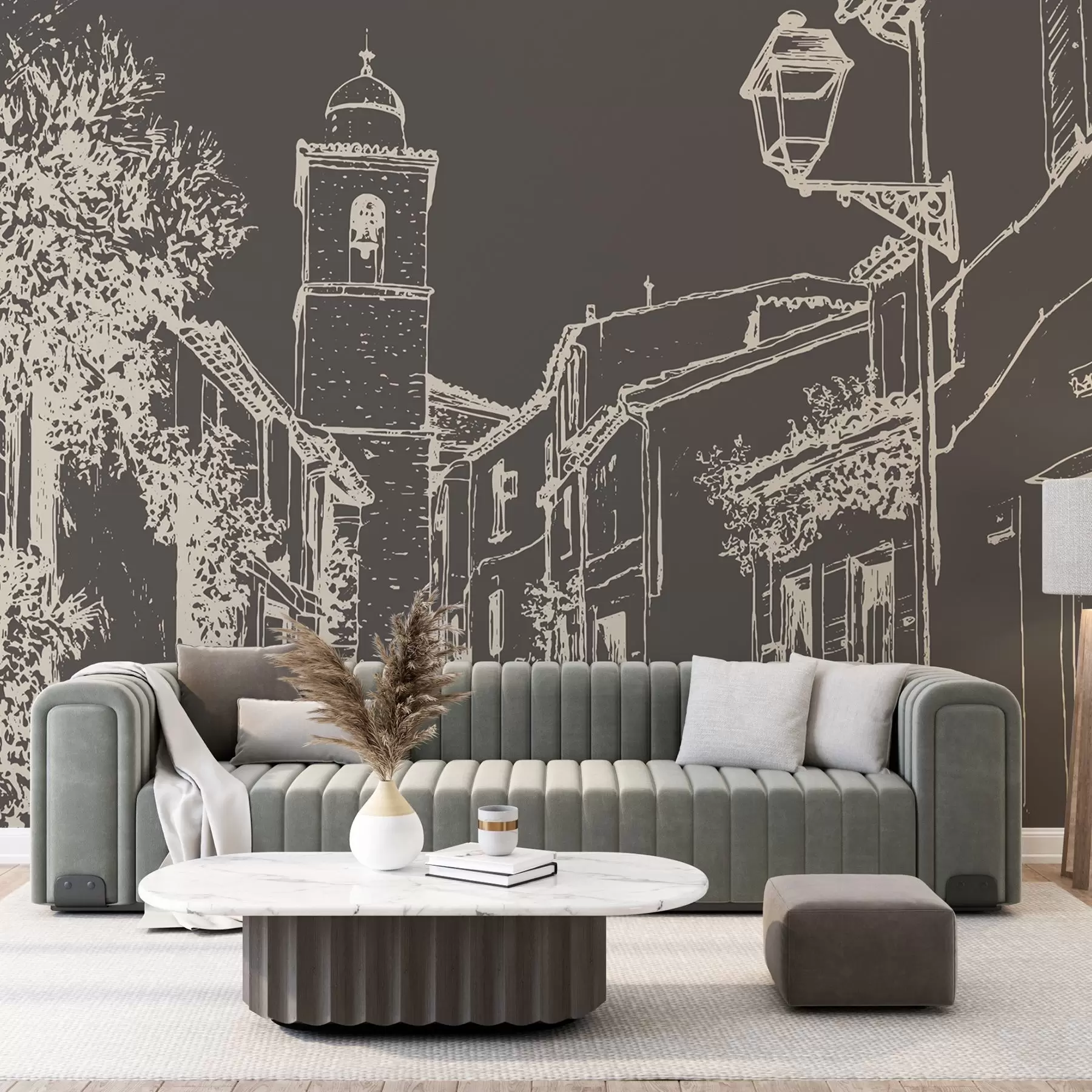 Papier peint Rue de la ville, belle architecture, bâtiments, Méditerranée, dessin au trait, couleur foncée w03345v2