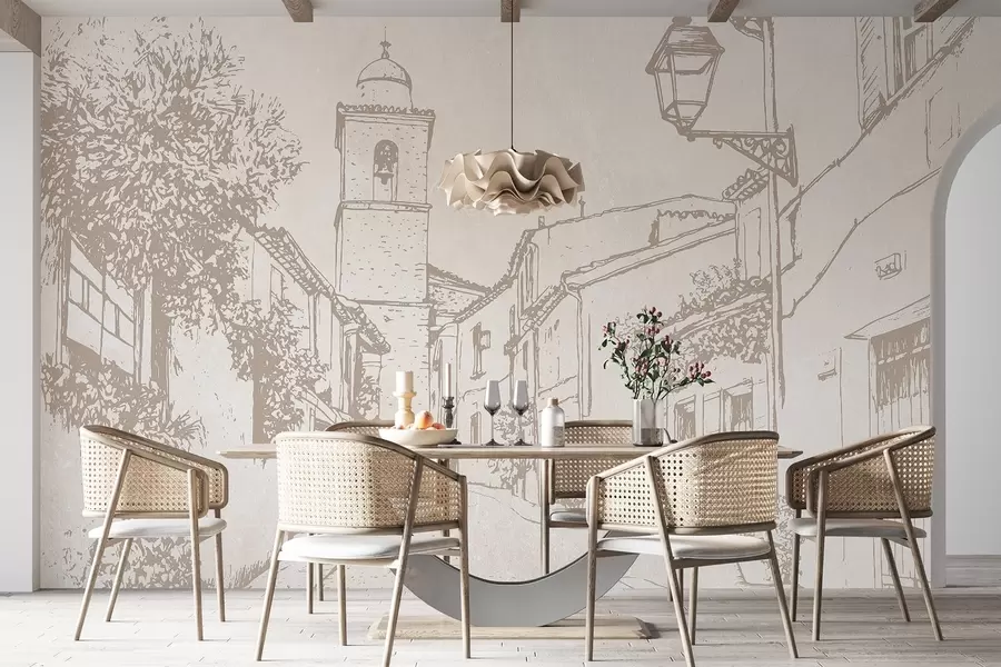Papier peint Rue de la ville, belle architecture, bâtiments, Méditerranée, couleurs beiges w03346