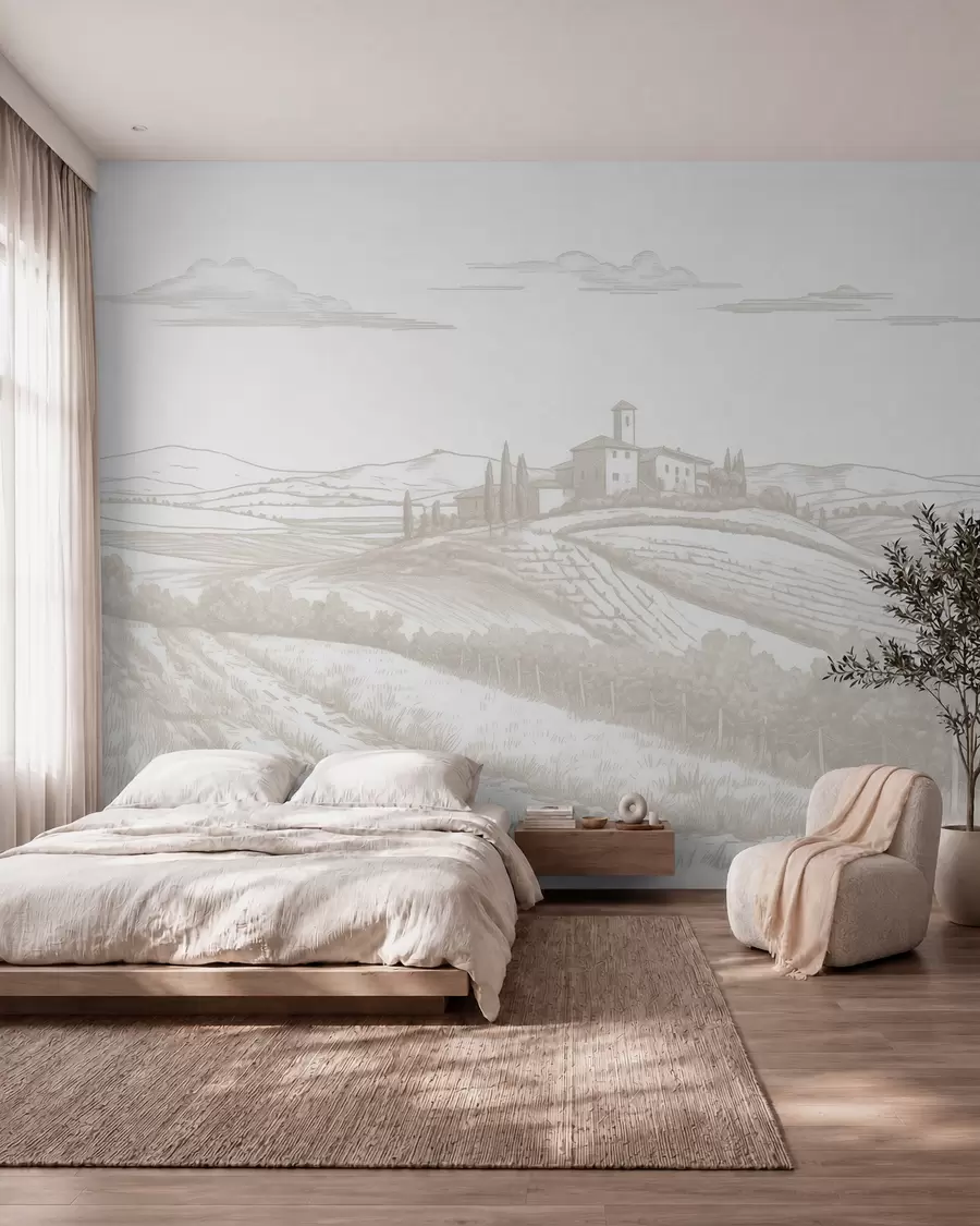 Papier peint Paysages de Toscane, Italie, vignobles, nature, vieux château, couleurs beiges w03349