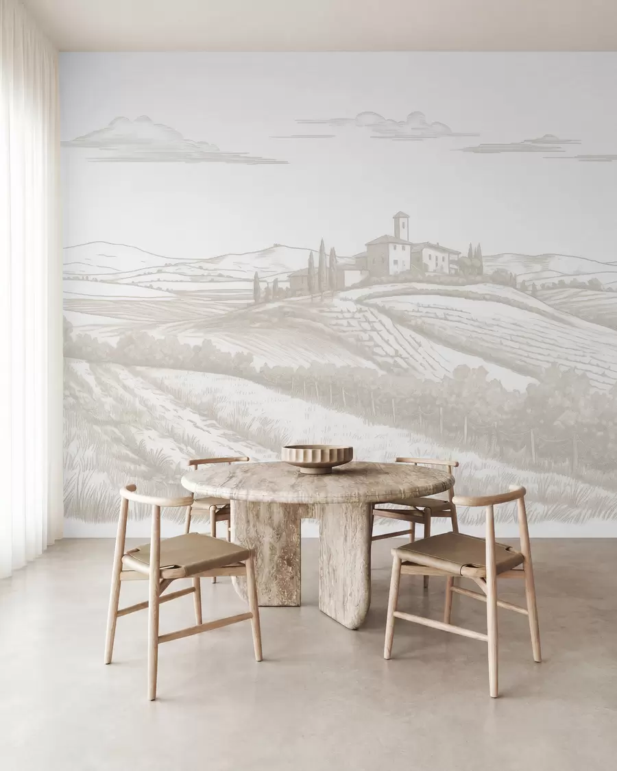 Papier peint Paysages de Toscane, Italie, vignobles, nature, vieux château, couleurs beiges w03349