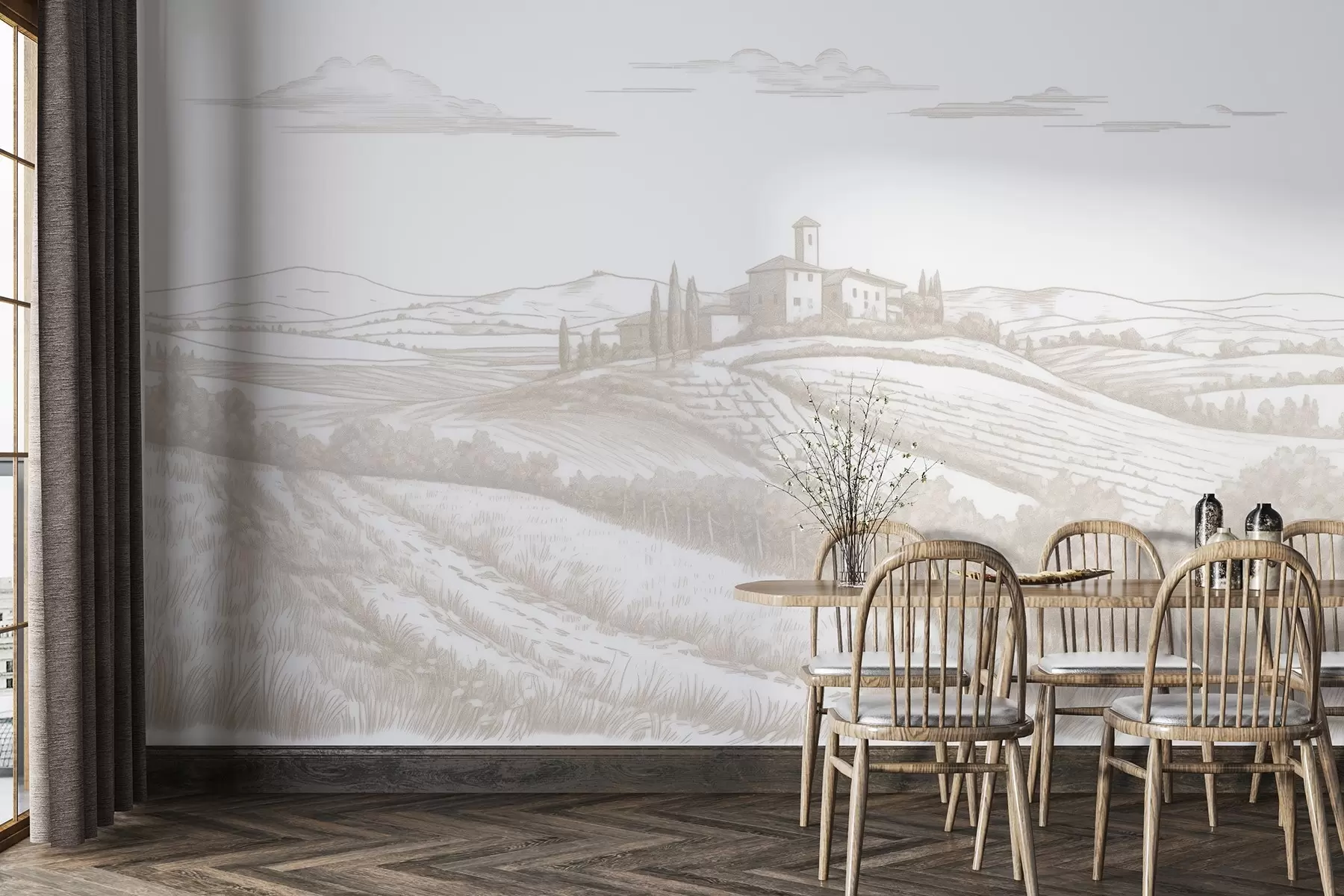 Papier peint Paysages de Toscane, Italie, vignobles, nature, vieux château, couleurs beiges w03349