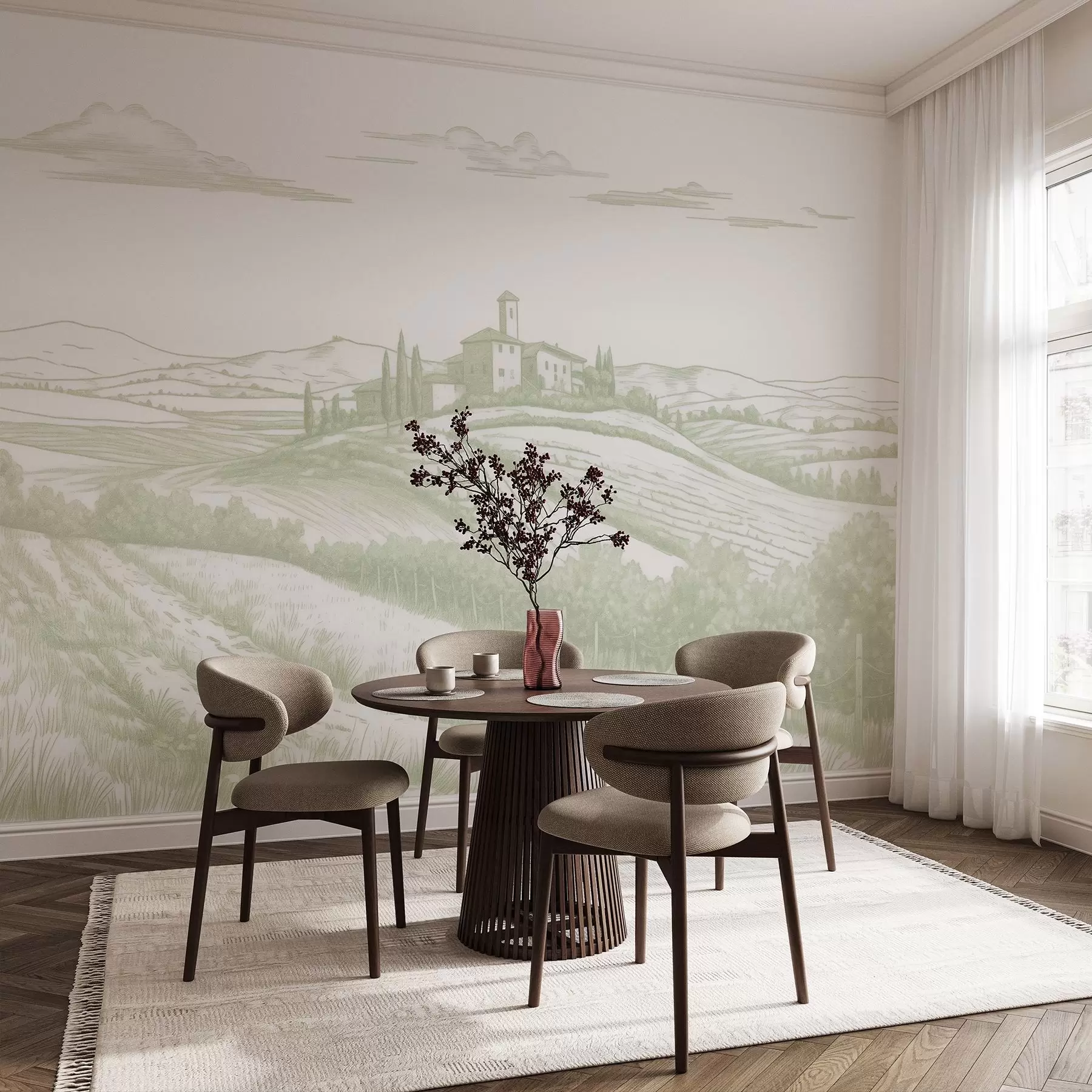 Papier peint Paysages de Toscane, Italie, vignobles, nature, vieux château, couleurs vertes w03349v2