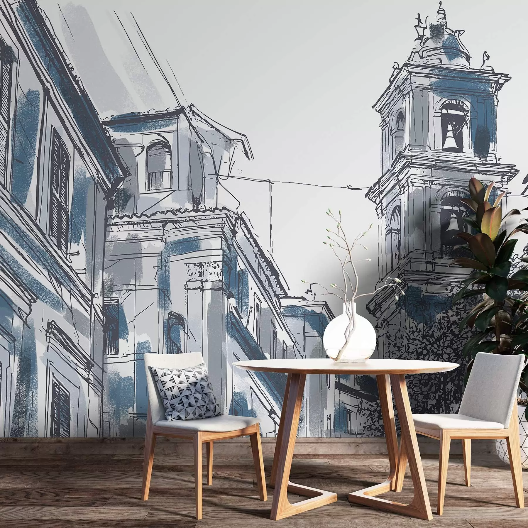Papier peint Rue de la ville méditerranéenne, chapelle, architecture, couleurs grises et bleues w03350