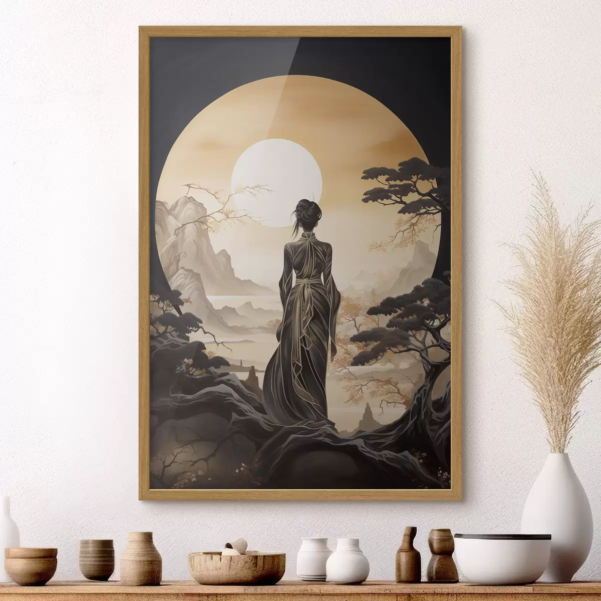 Poster Personnes, Japon, fille au coucher du soleil sur fond de sakura et de montagnes f43256