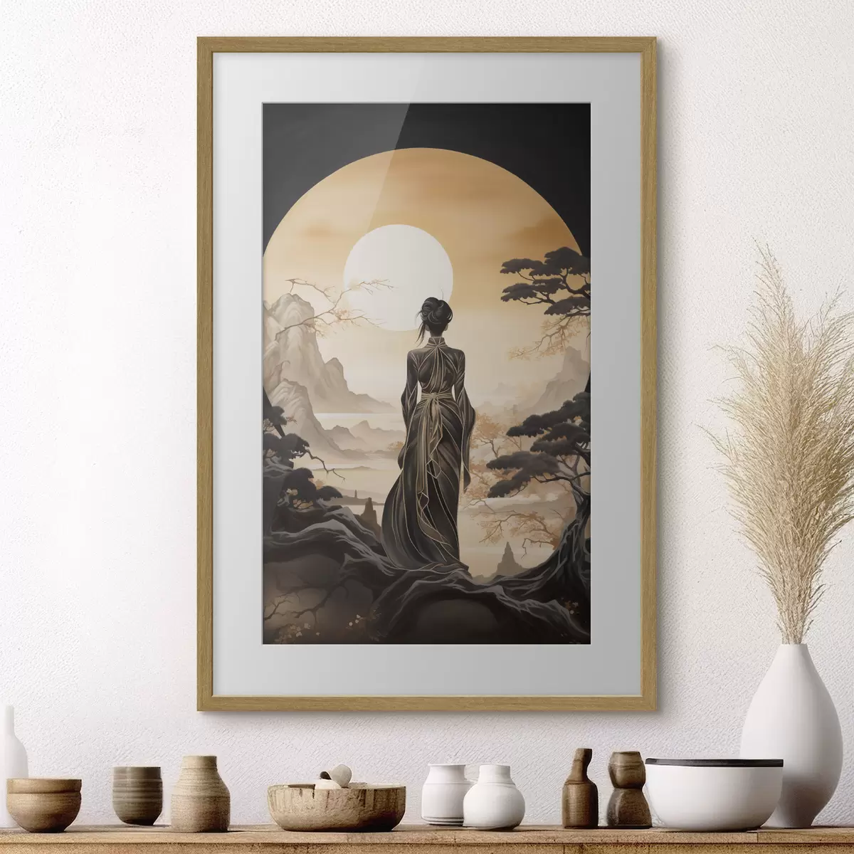 Poster Personnes, Japon, fille au coucher du soleil sur fond de sakura et de montagnes f43256