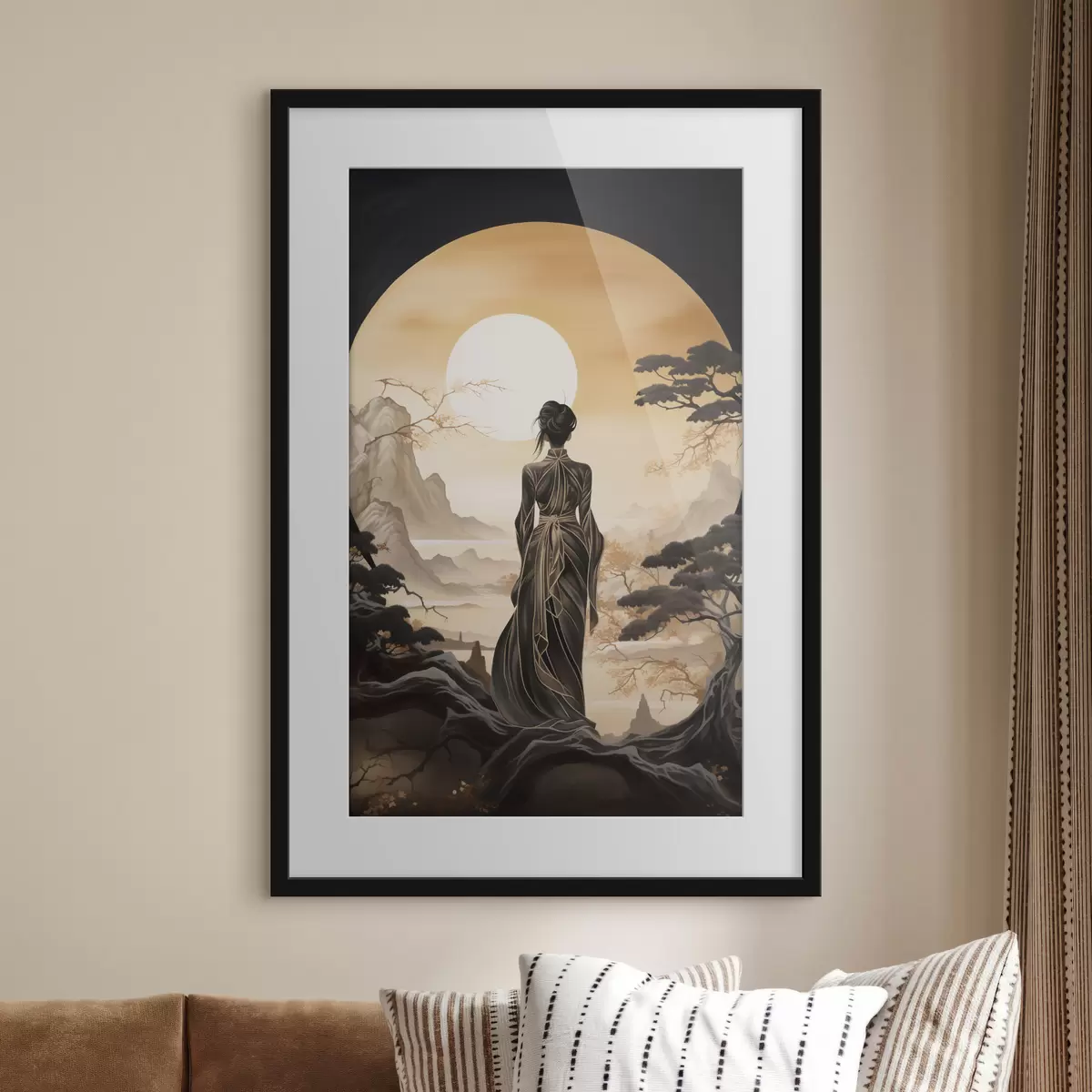 Poster Personnes, Japon, fille au coucher du soleil sur fond de sakura et de montagnes f43256