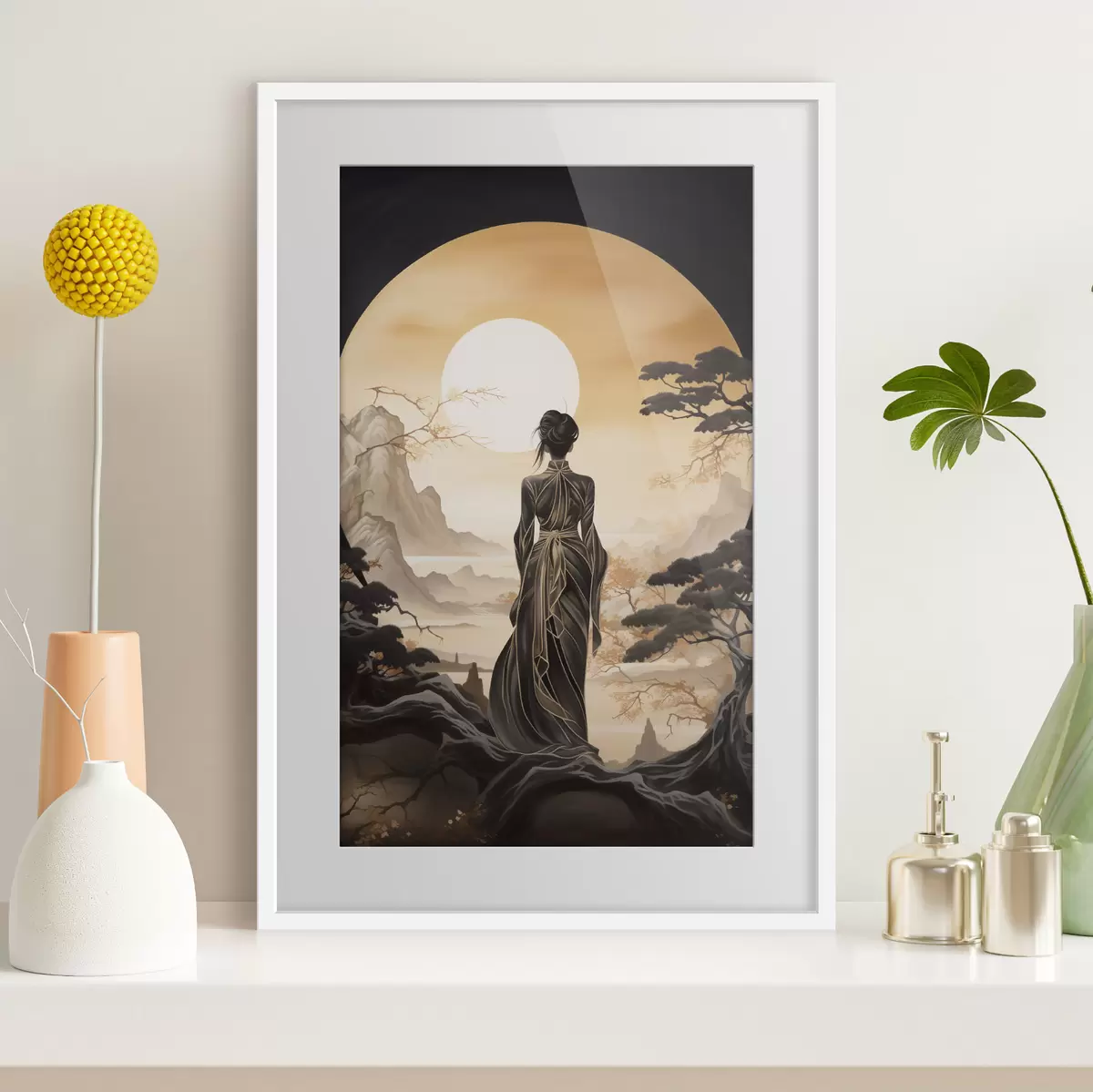 Poster Personnes, Japon, fille au coucher du soleil sur fond de sakura et de montagnes f43256