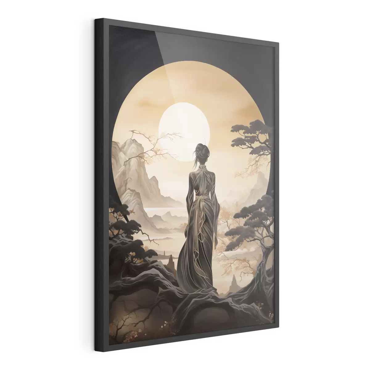 Poster Personnes, Japon, fille au coucher du soleil sur fond de sakura et de montagnes f43256