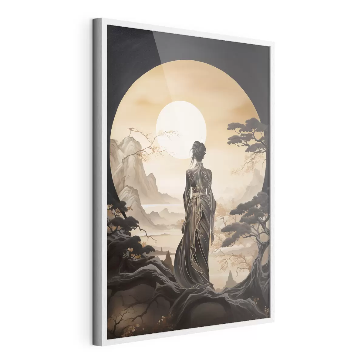 Poster Personnes, Japon, fille au coucher du soleil sur fond de sakura et de montagnes f43256