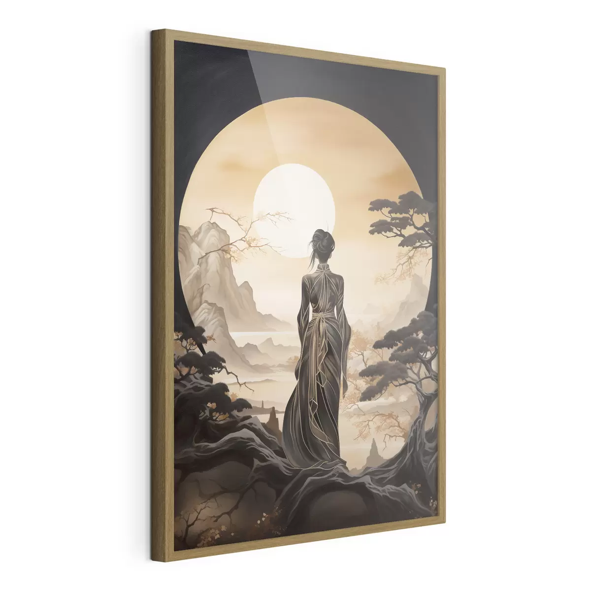 Poster Personnes, Japon, fille au coucher du soleil sur fond de sakura et de montagnes f43256