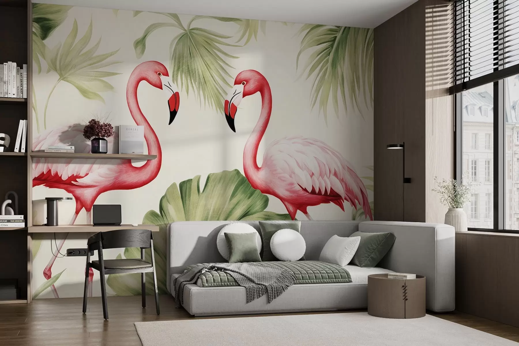 Papier peint Couple de flamants roses dans des fourrés tropicaux w08907