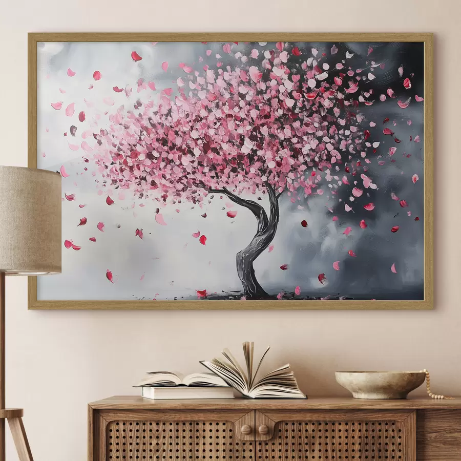 Papier peint Arbre à fleurs rose sur fond gris f43299
