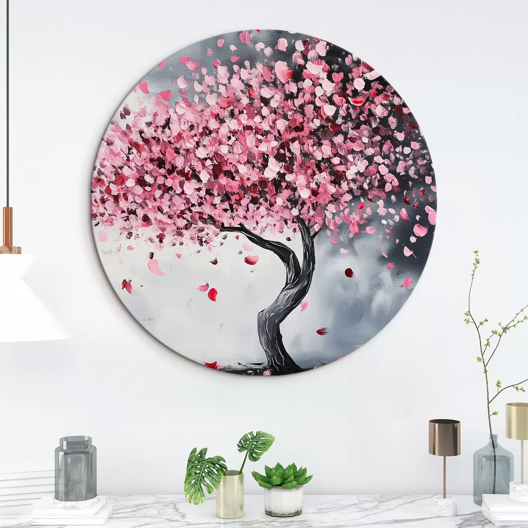 Tableau Arbre à fleurs rose sur fond gris r43299