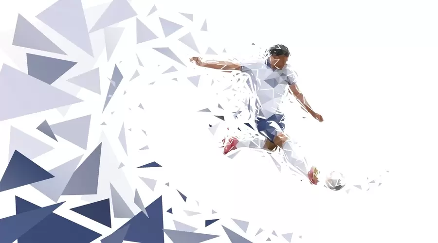 Papier peint Footballeur dynamique dans un style low-poly, frappant le ballon w03289