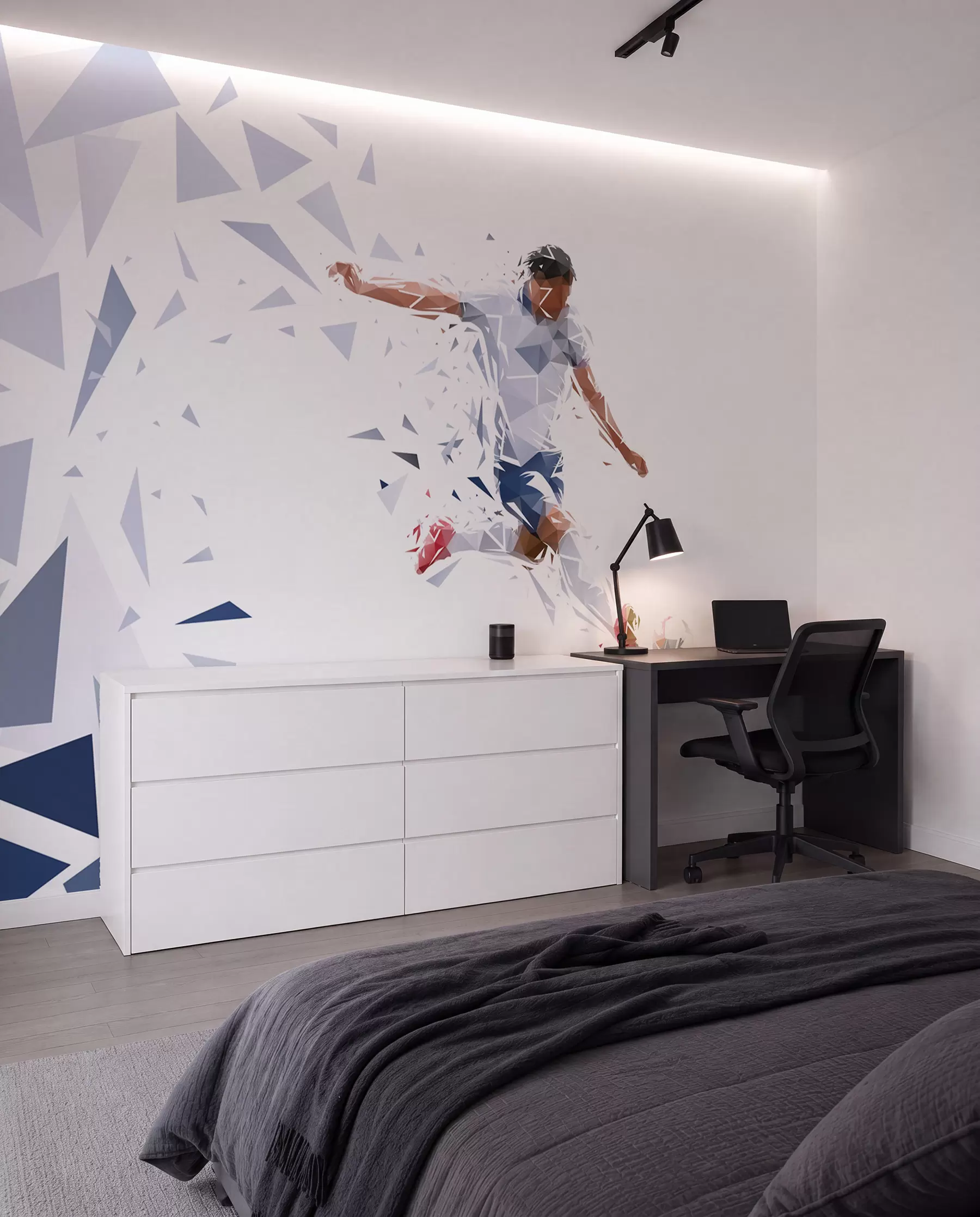 Papier peint Footballeur dynamique dans un style low-poly, frappant le ballon w03289