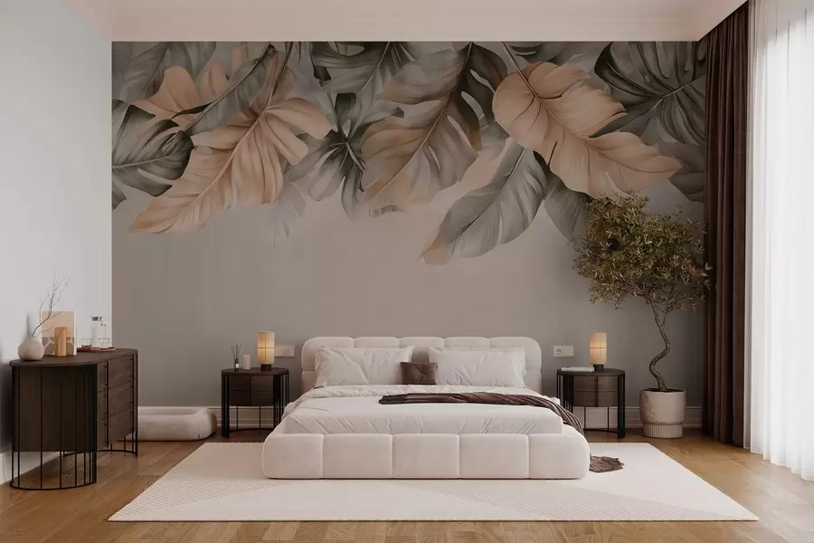 Papier peint Feuilles tropicales suspendues au sommet, sur un fond texturé w03290