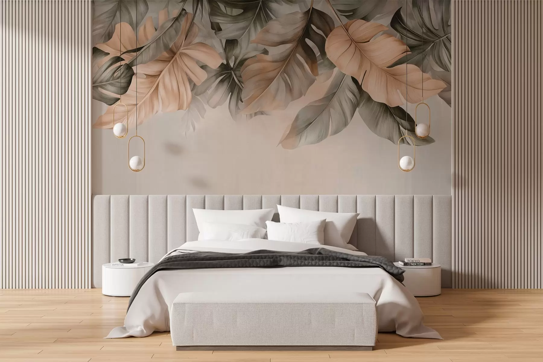 Papier peint Feuilles tropicales suspendues au sommet, sur un fond texturé w03290