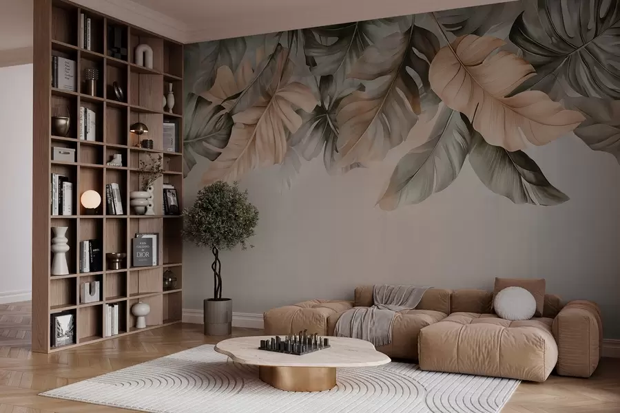 Papier peint Feuilles tropicales suspendues au sommet, sur un fond texturé w03290