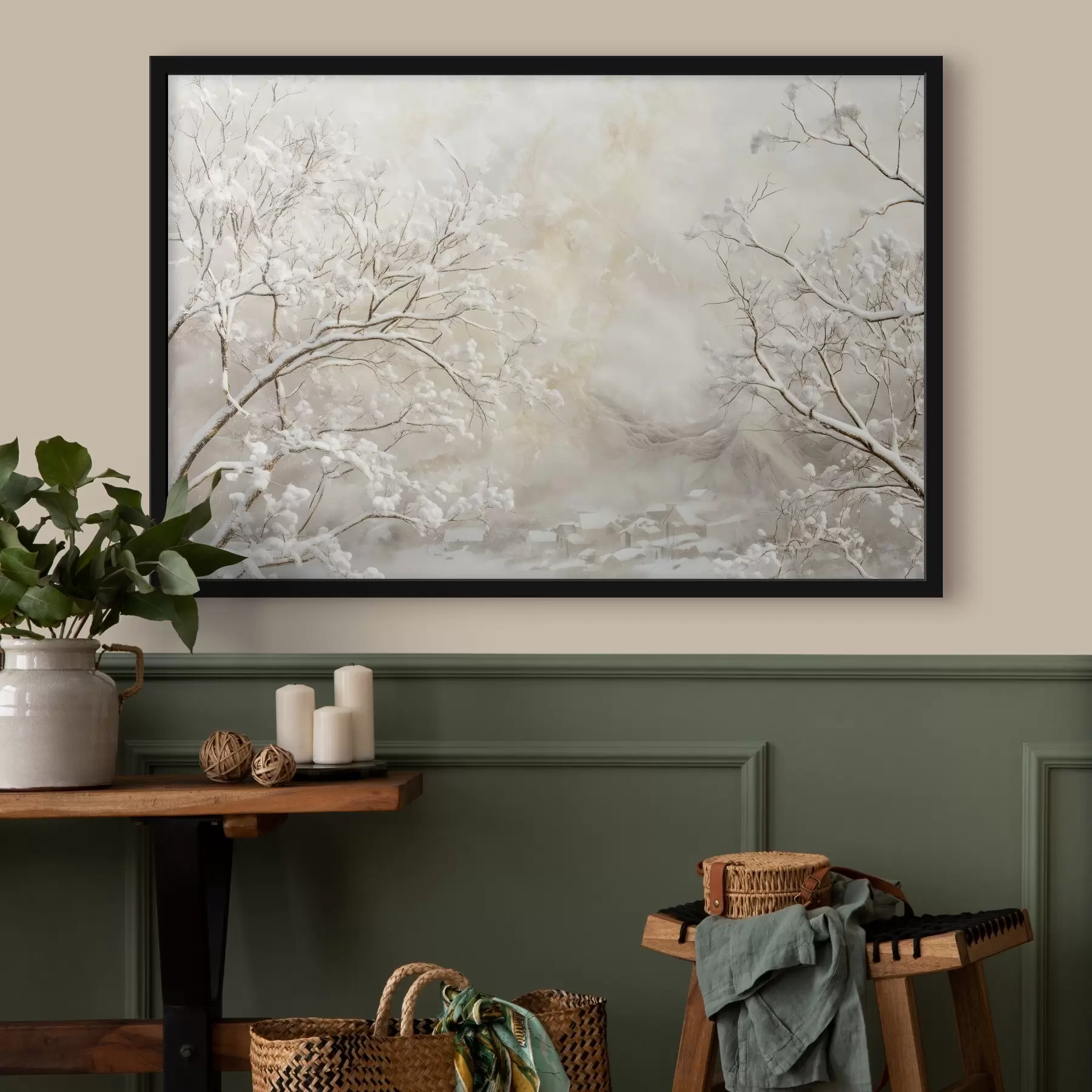 Papier peint Branches d'hiver avec de la neige sur fond de village d'hiver f43321