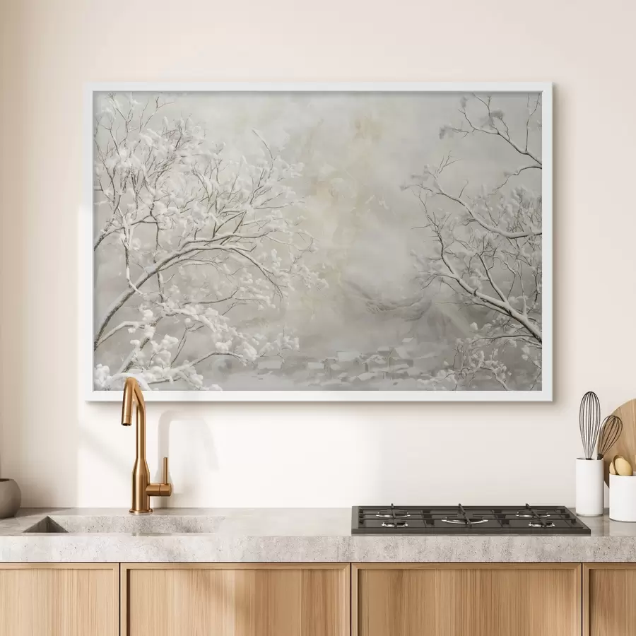 Papier peint Branches d'hiver avec de la neige sur fond de village d'hiver f43321