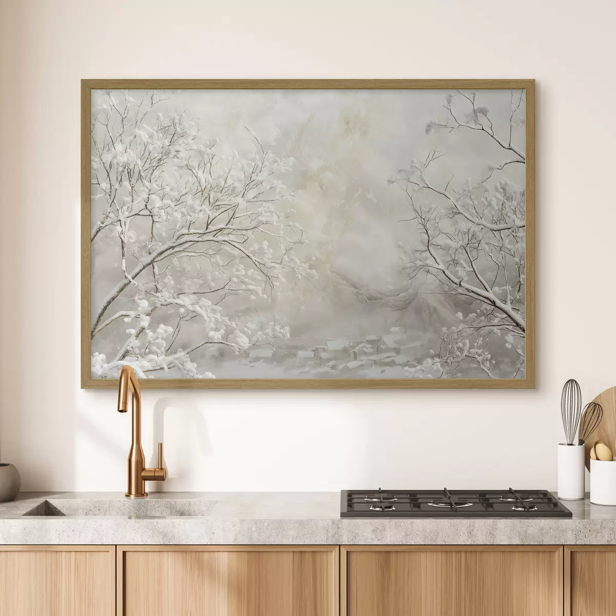Poster Branches d'hiver avec de la neige sur fond de village d'hiver f43321