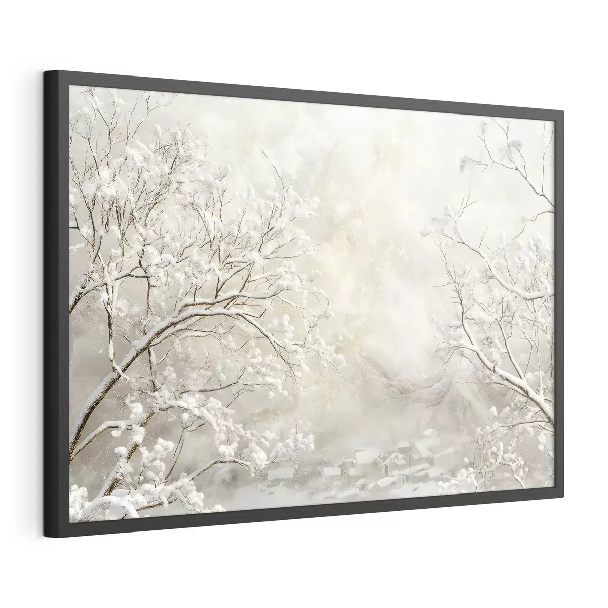 Poster Branches d'hiver avec de la neige sur fond de village d'hiver f43321