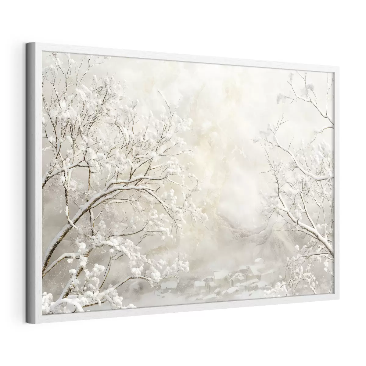 Poster Branches d'hiver avec de la neige sur fond de village d'hiver f43321
