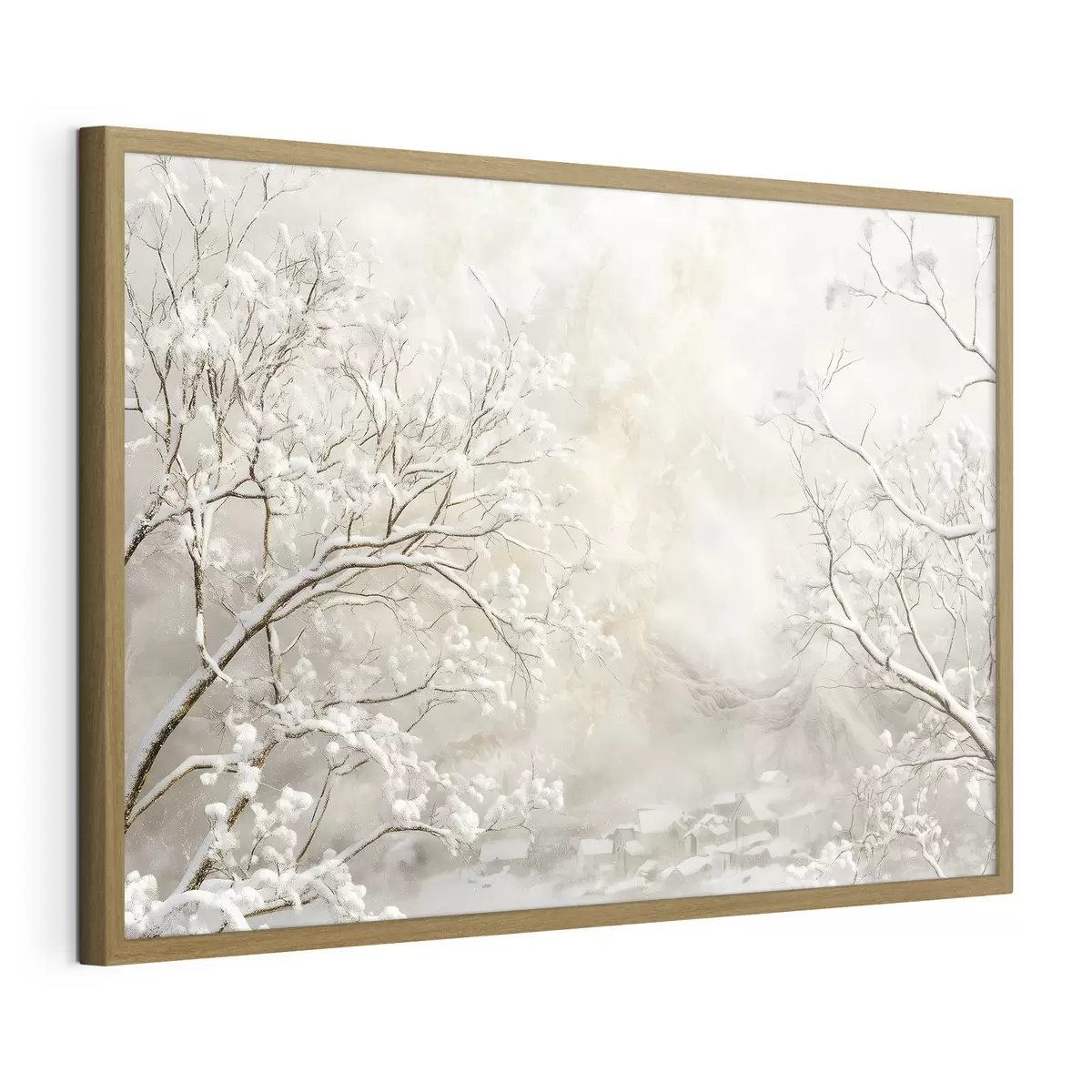 Poster Branches d'hiver avec de la neige sur fond de village d'hiver f43321