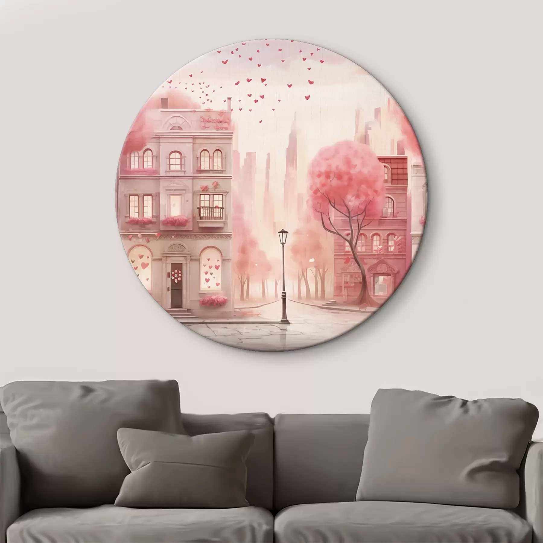 Tableau Rue romantique rose avec des cœurs r43324