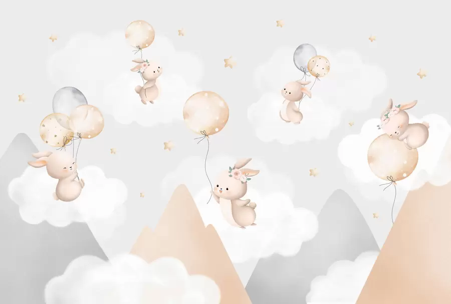 Papier peint Lapins avec des ballons sur des nuages parmi des pics montagneux w03375v1