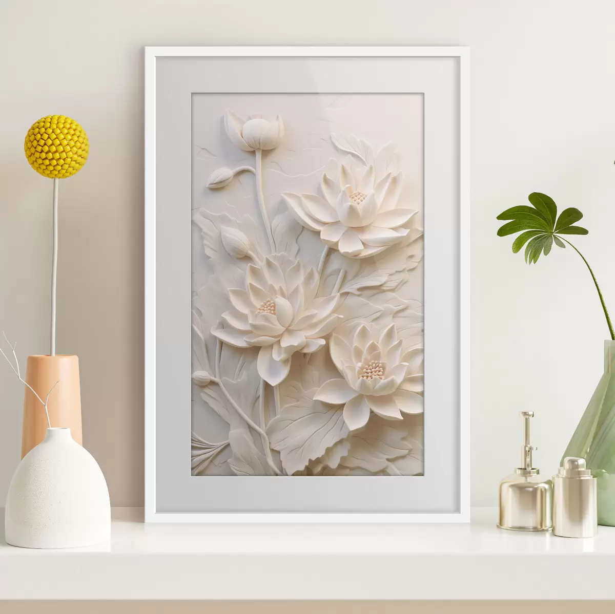 Poster Moulure blanche, imitation, fleurs f43334