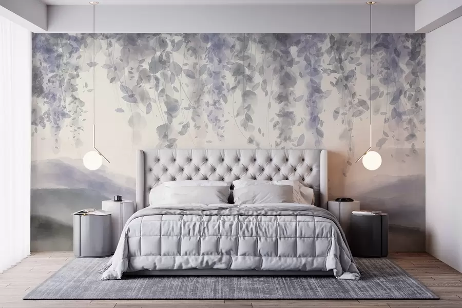 Papier peint Feuilles de glycine suspendues au-dessus de montagnes bleues, couleurs douces bleu pastel et gris, paysage de style aquarelle w08909