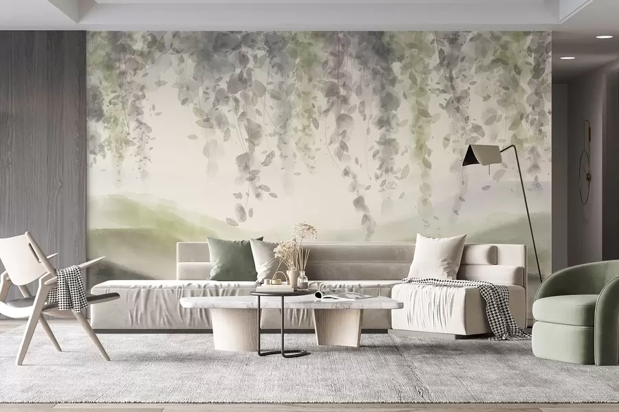 Papier peint Feuilles de glycine suspendues au-dessus de montagnes bleues, couleurs douces vertes et beiges pastel, paysage de style aquarelle w08909v2