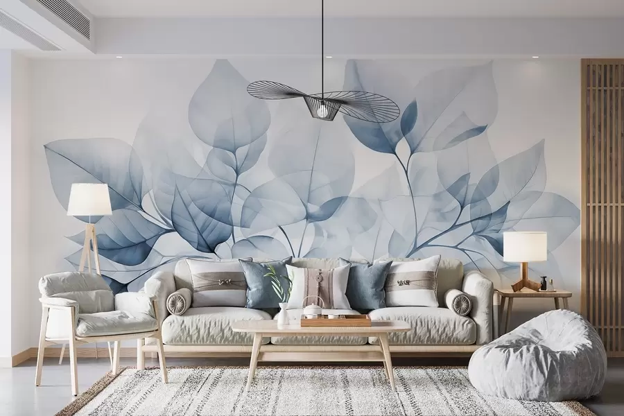 Papier peint Aquarelle de feuilles translucides aux couleurs pastel, avec des nuances de blanc et de bleu w08910v1